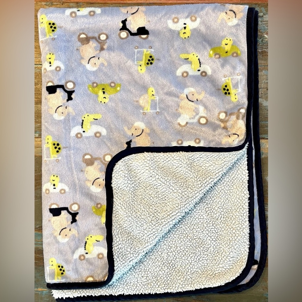 Carters Blue Blanket Elephants Alligators Scooters Cars Velour Sherpa